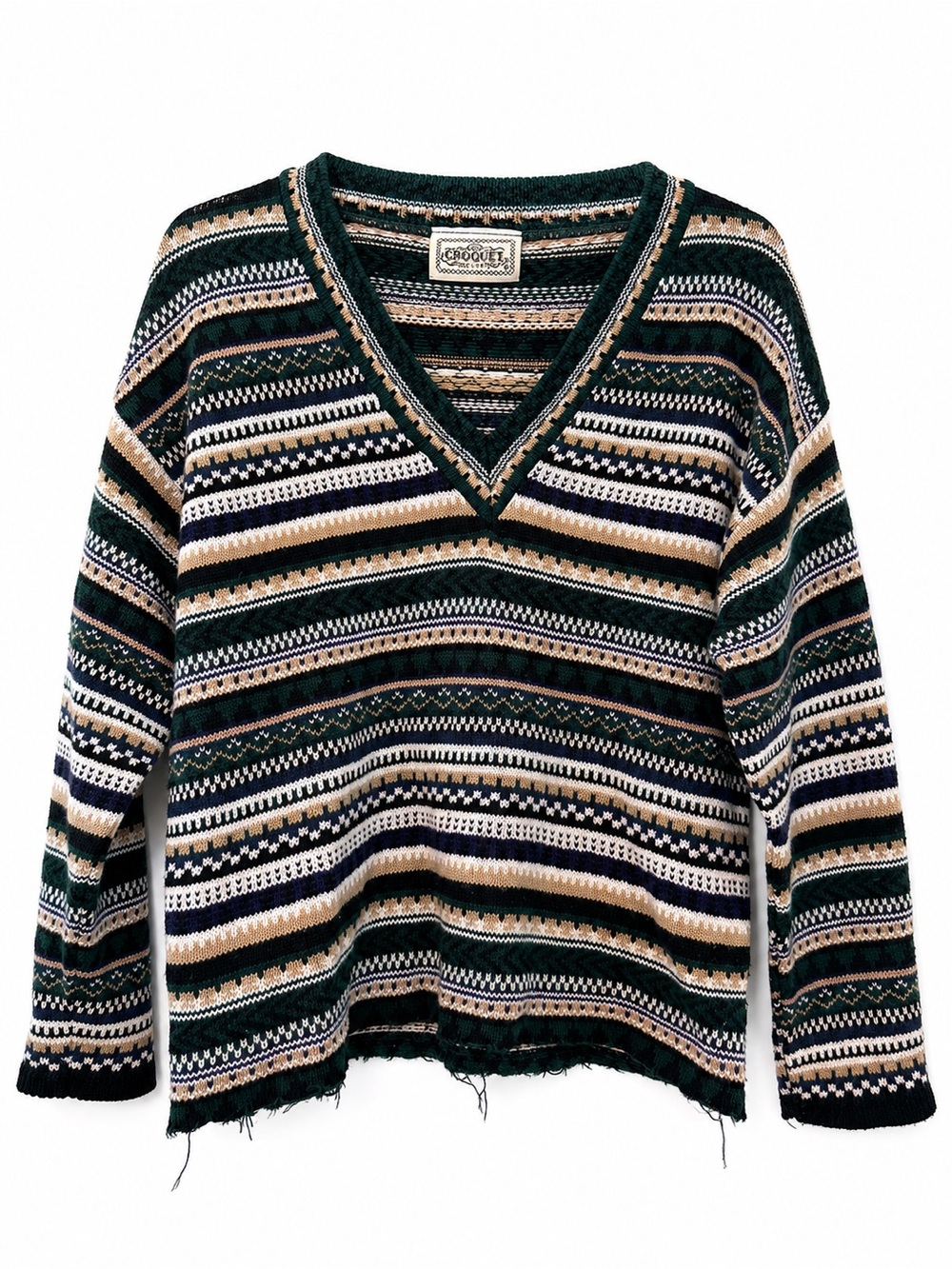 Vintage Croquet Club Fair Isle V-Neck Sweater Green Striped Small/Medium